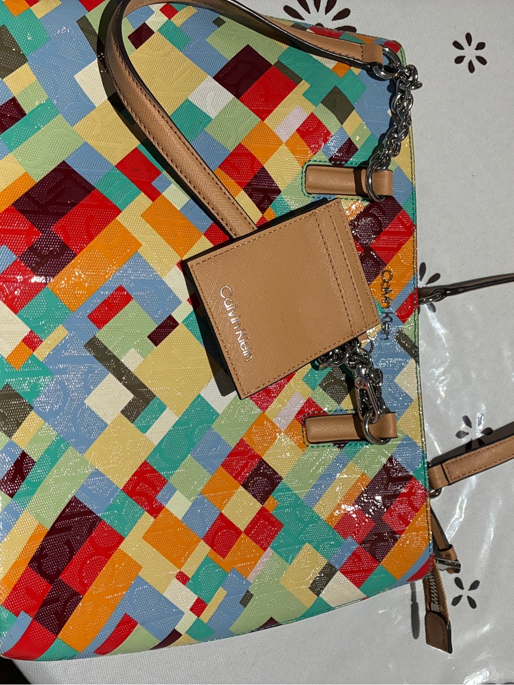 Calvin Klein Multicolor Geometric Tote with Tan Leather Accents